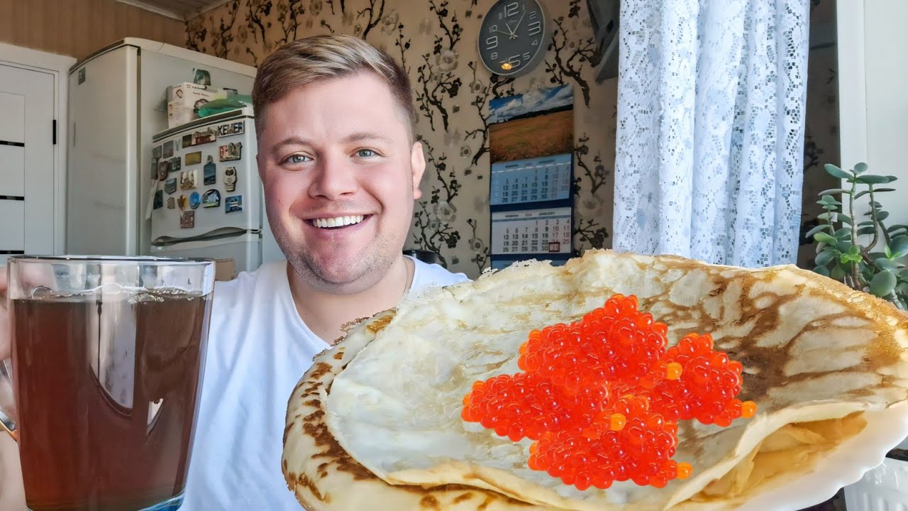 МУКБАНГ😋 БЛИНЫ С ИКРОЙ, СМЕТАНОЙ, СЛИВОЧНЫМ МАСЛОМ И ТВОРОГОМ