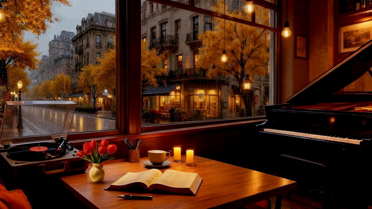 Healing Piano in a Rainy Autumn Evening ☕ Cozy Fireplace & Coffee Ambience for Relaxation