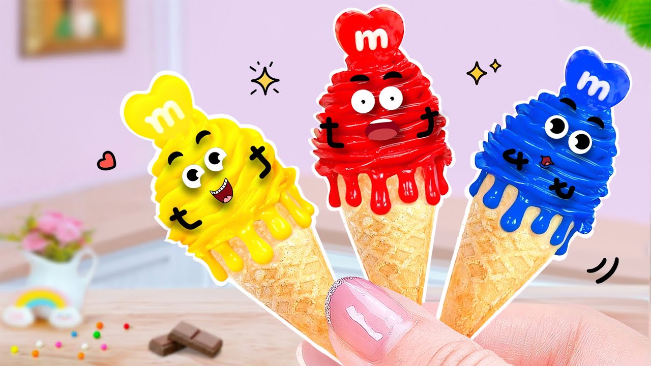 🍰 Rainbow Ice Cream and Fresh M&M Heart Jelly 🌈🍦 | ASMR Mini Cooking | Cute Doodle Style