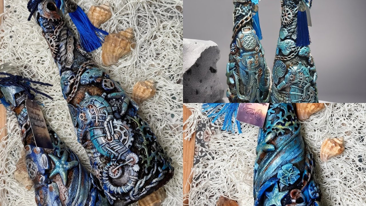 DIY mixedmedia bottle marine style #mixedmedia #decoupage #decoration #sea #diyprojects 