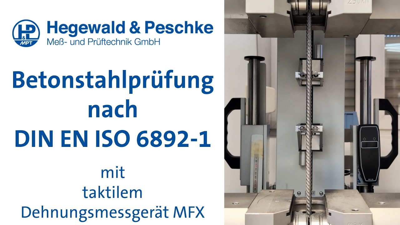 Betonstahlprüfung nach DIN EN ISO 6892-1 mit Zugprüfmaschine und taktilem Dehnungsmessgerät MFX