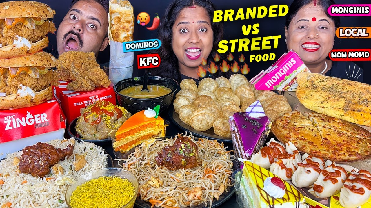EATING spicy STREET FOOD vs BRANDED FOOD Challenge KFC vs DOMINOS PIZZA vs WOW MOMO Mukbang Bigbites