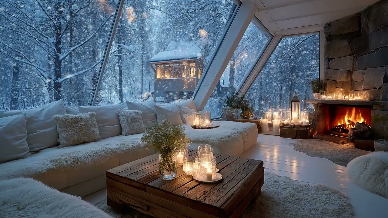 🌨️🌻10 Hours of Winter Piano Lounge Music | Peaceful Fireplace & Snow Falling for Ultimate Relaxation