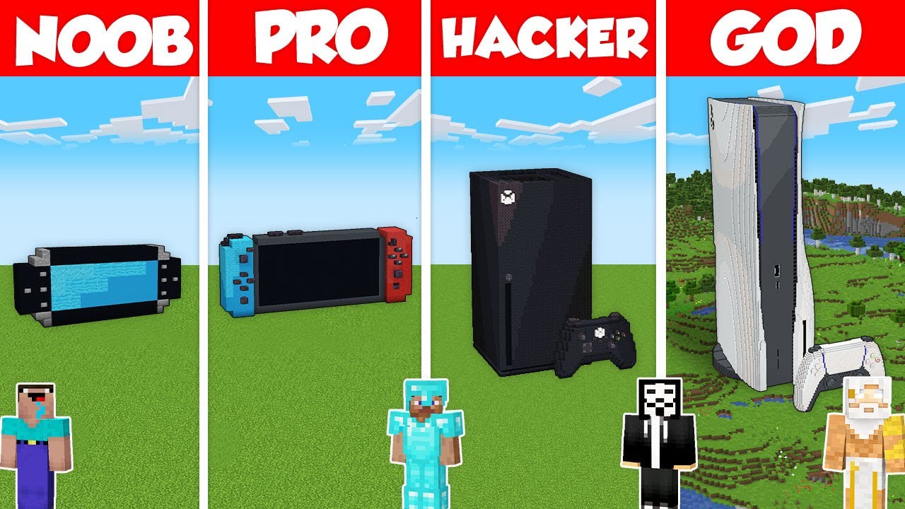 GAME CONSOLE BASE HOUSE BUILD CHALLENGE - Minecraft Battle: NOOB vs PRO vs HACKER vs GOD / Animation