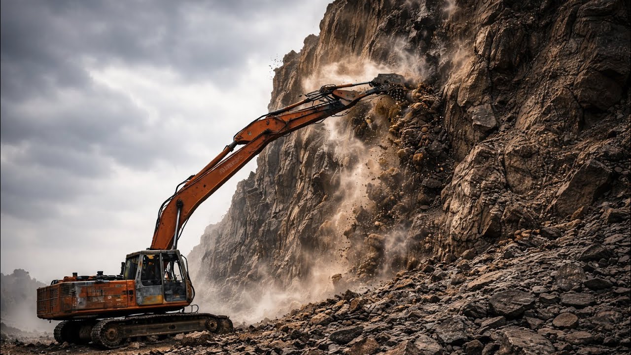 EXCAVATOR POWER: Demolishing the Hill Like a Pro! #excavators #stonemachinery #drilling