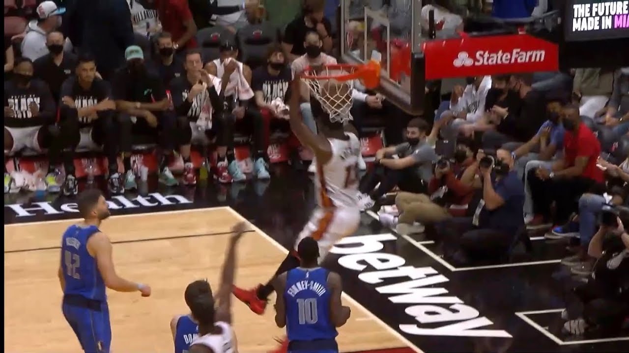 Bam Adebayo reverse dunks but the ball hits his head and comes out LOL