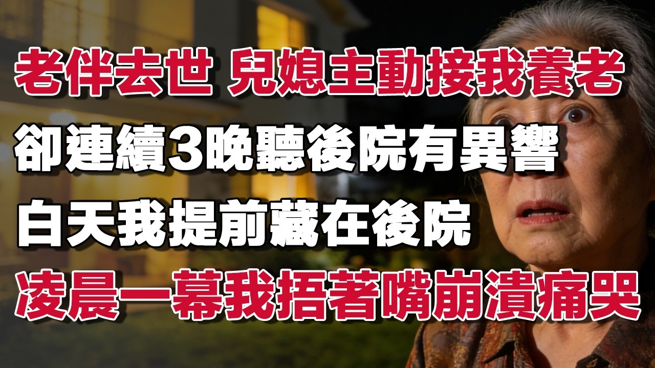 我71歲 老伴剛去世兒媳主動接我來養老卻連續3晚都聽後院有異響白天趁他們不在我提前藏在後院凌晨一幕我捂著嘴崩潰痛哭！#情感故事 #養老故事 #樂齡故事匯#小說