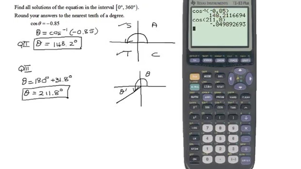 Find all Solutions Between 0 and 360 Degrees for the Linear Trigonometric Equation cos(theta)=-0.85
