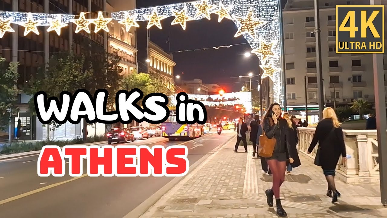Evening walk through festive Athens. Syntagma Square, Panepistimiou street, end of December 2023