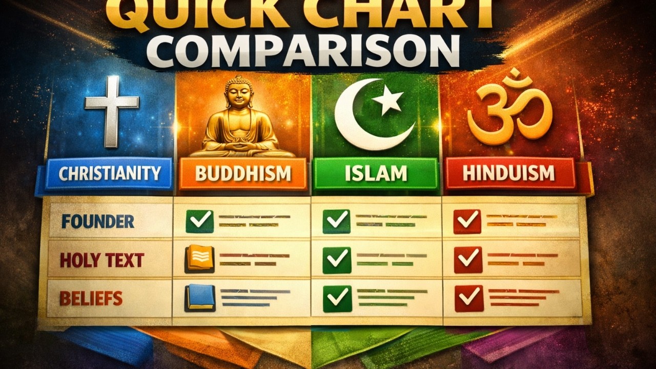Quick chart comparing all four religions Christianity, Buddhism, Islam, Hinduism