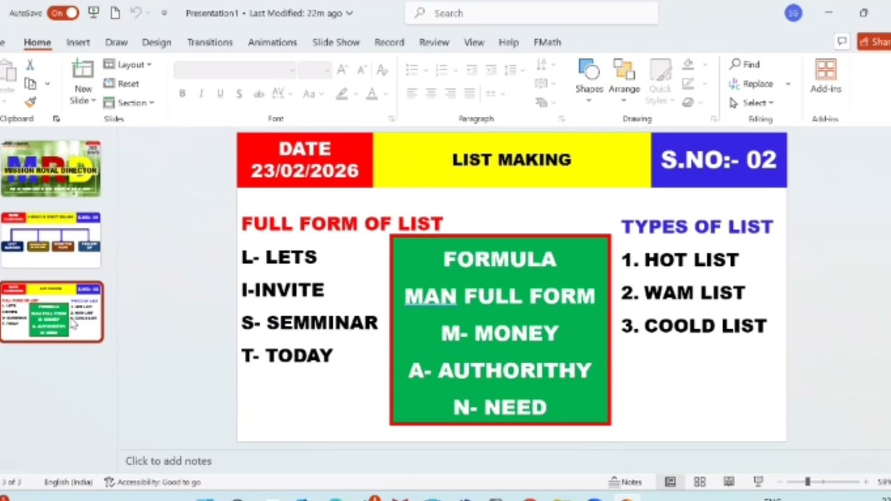 Success plan name list day 1