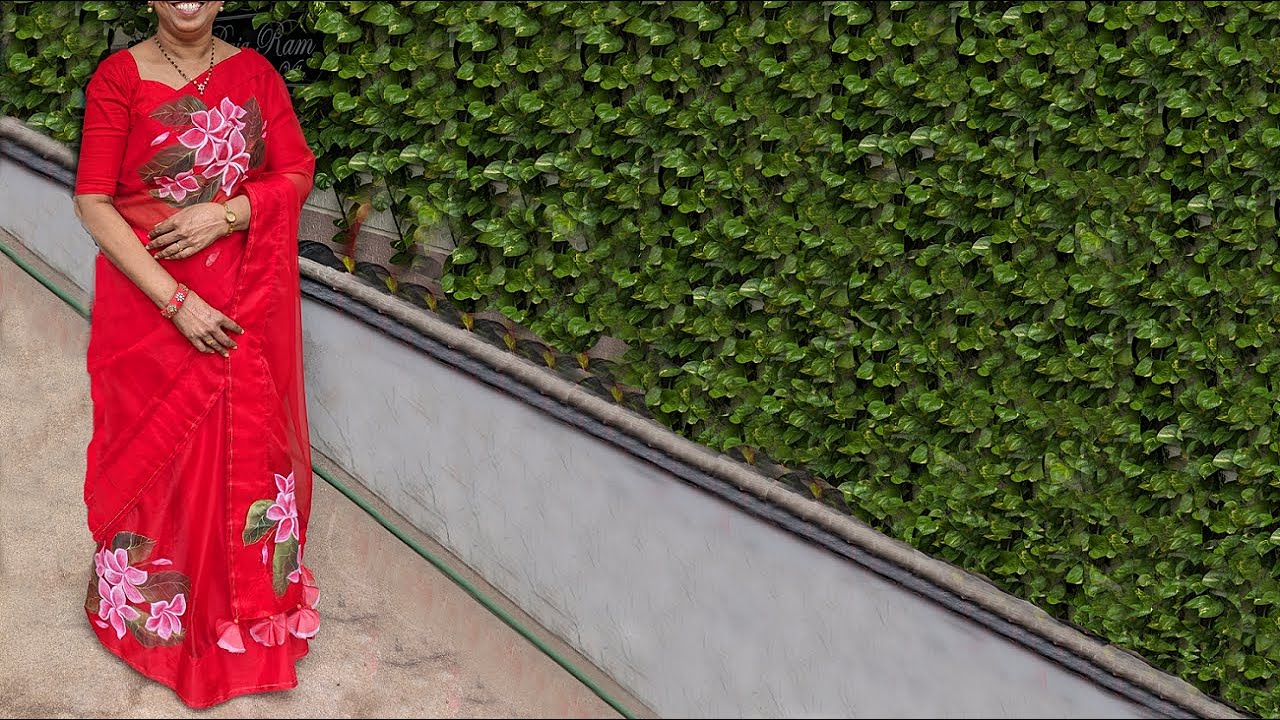 Fabric painting #90 l Easy, Simple Plumeria Flowers Painting on Organza Saree l Step-by-Step process