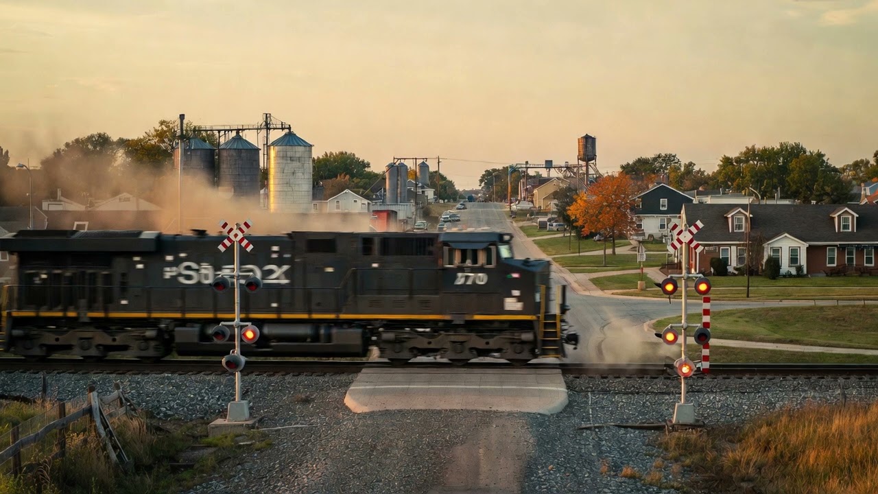 Freight Train Passing at Golden Hour • Rural Railroad Sounds for Focus & Calm