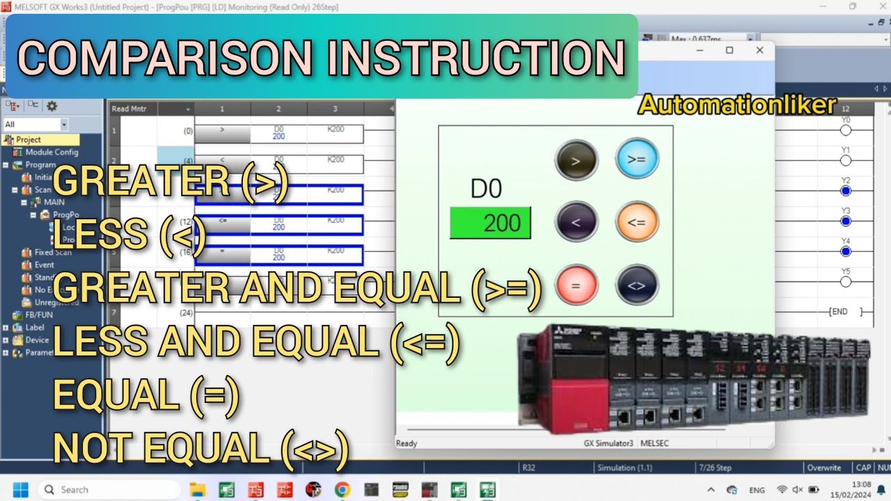 GX Works3 : Comparison instruction Mitsubishi PLC With HMI GT Designer3 Simulation