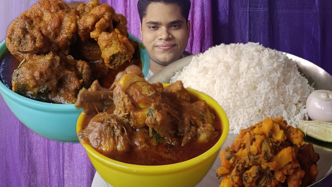 Rice, Korola Aloo Torkari and Spicy Chicken Curry Eating Show. লাল লাল মুরগির মাংসের ঝোল আর গরম ভাত.