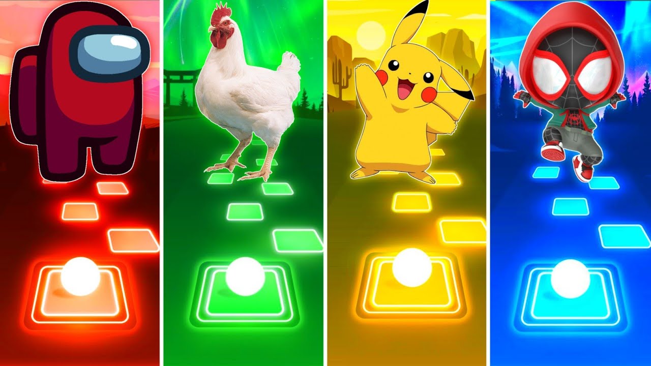 Among Us EDM vs Chicken vs Pikachu vs Spiderman - Tiles Hop EDM Rush