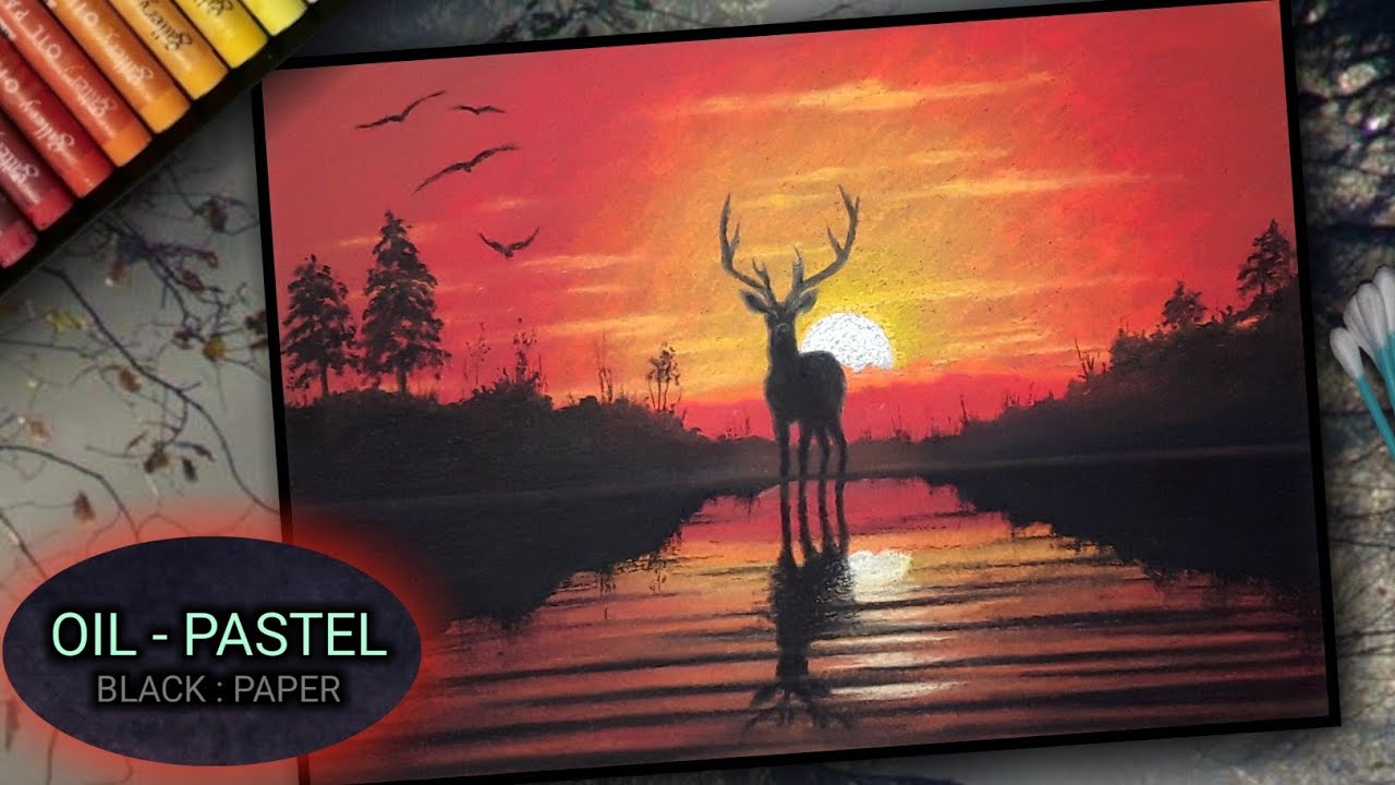 Oil Pastel Sunset Scenery - Deer Nature Drawing | Beautiful Sunset Scenery Drawing