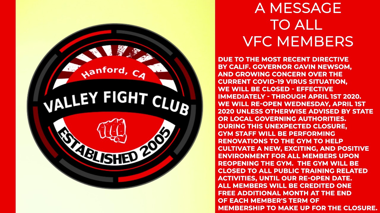 VALLEY FIGHT CLUB: COVID-19 UPDATE (STATE CLOSURE DIRECTIVE)