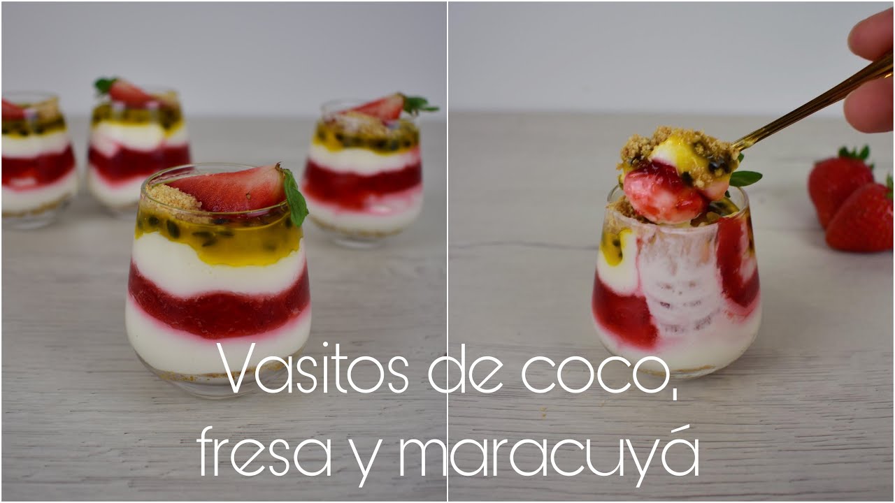 Vasitos de mousse de coco 🥥, fresa 🍓 y maracuyá | Postre FÁCIL y SIN HORNO | Sweet Shop Victoria