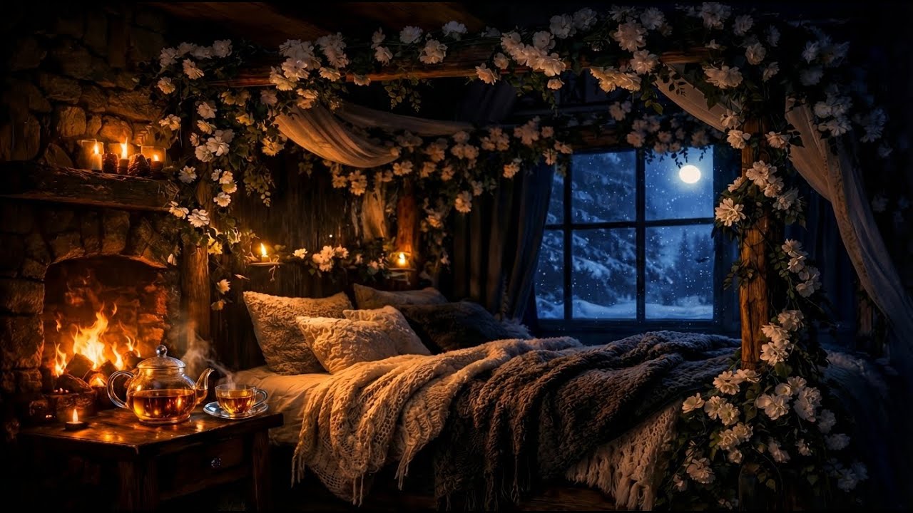 Cozy Winter Night in Floral Room • Crackling Fireplace & Herbal Tea (Deep Sleep)