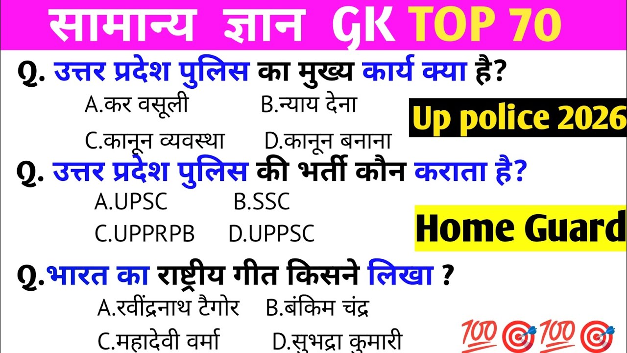 UP Police & Home Guard GK/GS|टॉप 70 Most Important Questions|up police2026 #uppolice#upsi