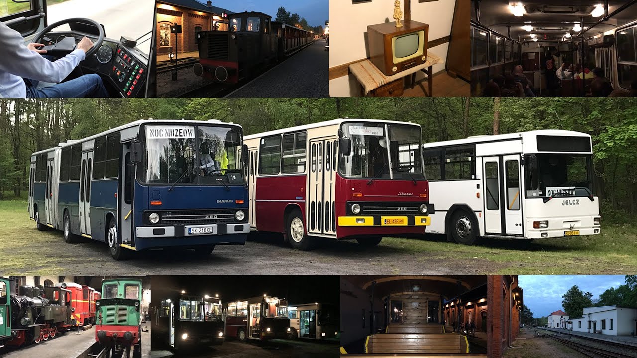 Noc muzeów 13.05.2023 Ikarus 260, Ikarus 280, Jelcz 120M; stacja kolei wąskotorowej Rudy