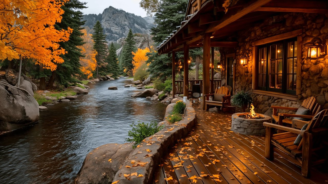 Calm Riverside Cabin Porch | Firepit and Nature Sounds Ambience for Relaxing