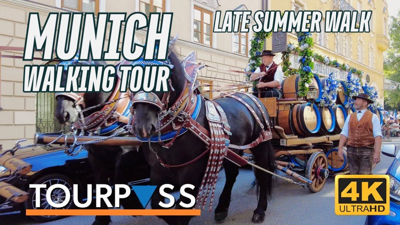 Munich Summer Walking Tour through English Garden, Marienplatz 4K60 Travel People Watching Video