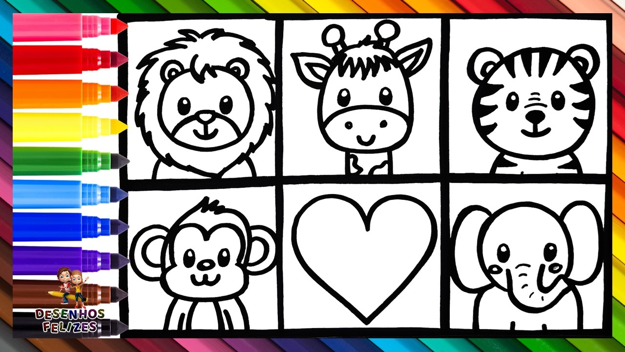 Desenhar e Colorir Animais Selvagens 🦁🦒🐯🐵🐘💜🌈 Desenhos para Crian&ccedil;as