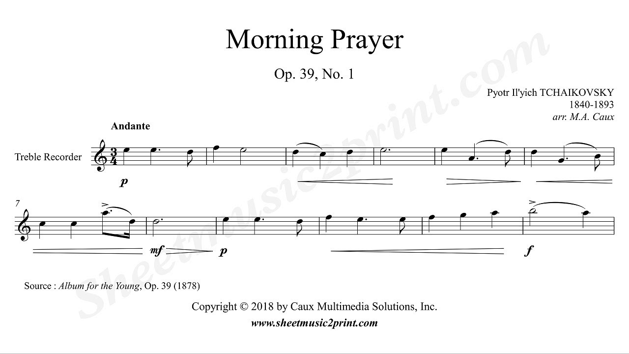 Tchaikovsky : Morning Prayer - Treble Recorder
