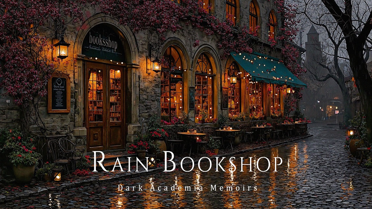 Rain Falling on Cobblestone Bookshop Streets | Dark Academia Piano Music for Study & Writing