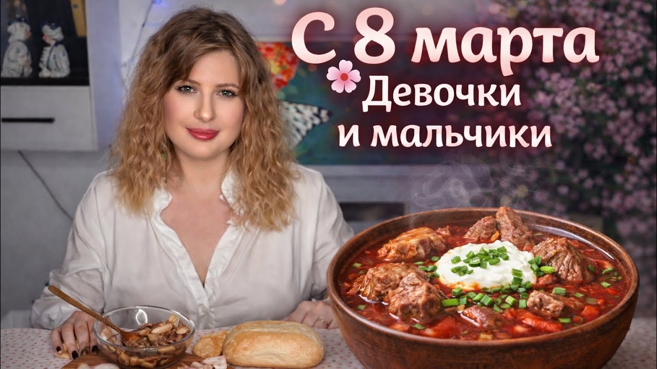 С 8 Марта 🌸 Много мясика. Борщ. Мукбанг #кулинария #борщ #рецепт #мясо #мукбанг 