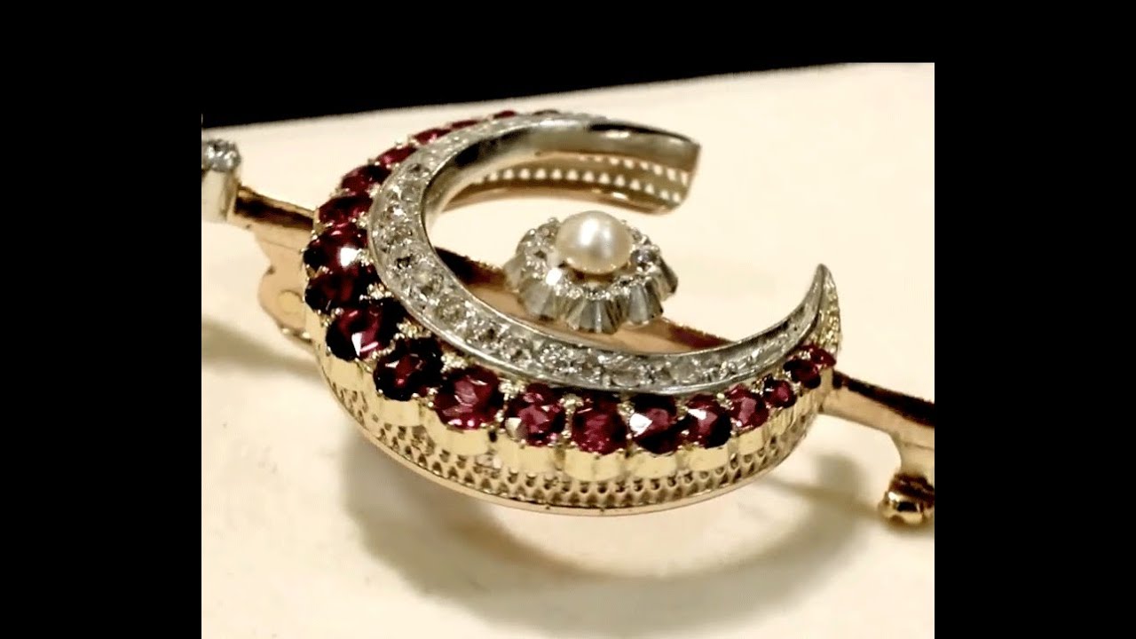 Ruby, Diamond and pearl, Yellow Gold Crescent Brooch - Antique Circa 1890 - AC Silver A6255