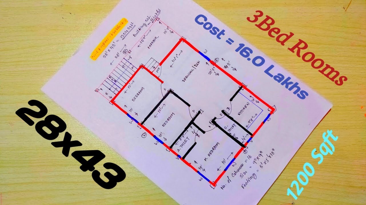 28x43 ground floor plan|28*43 house plan|3 bhk building plan|28x43 makan ka naksha