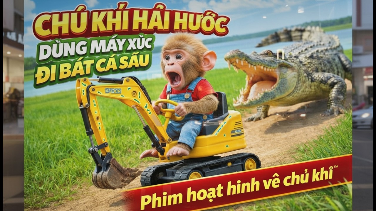 Chú khỉ hài hước  Dùng máy xúc đi bắt cá sấu  Phim hoạt hình về chú khỉ