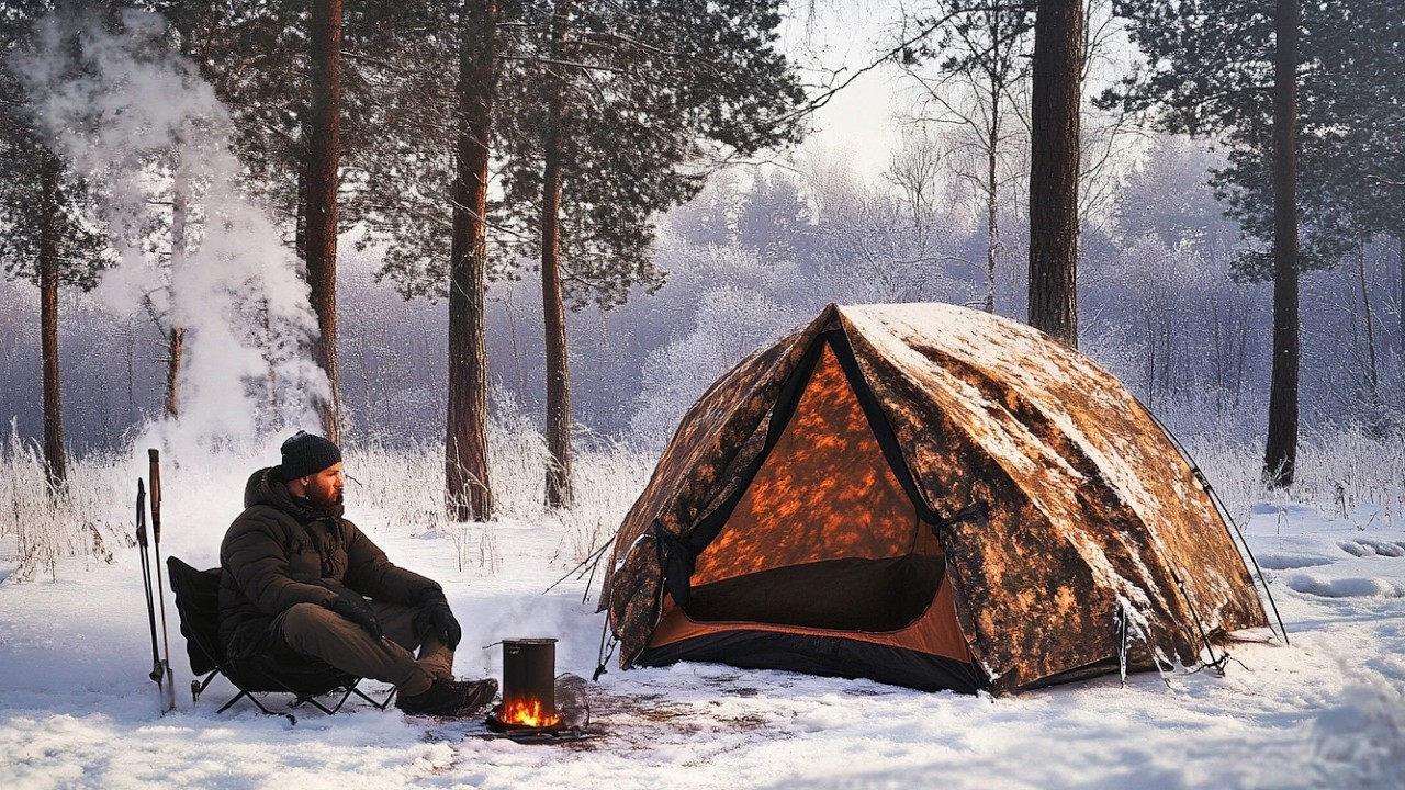 SNOW CAMPING in HOT TENT with WOOD STOVE