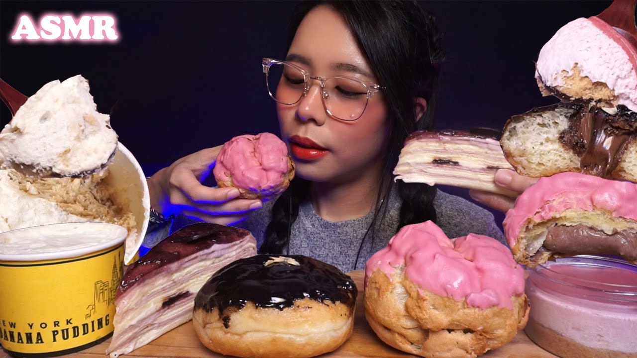 ASMR Leftover Desserts (DONUT, Crepe Cake, Cream Puff, YOGURT Cheesecake, Pudding) | Eating Sounds
