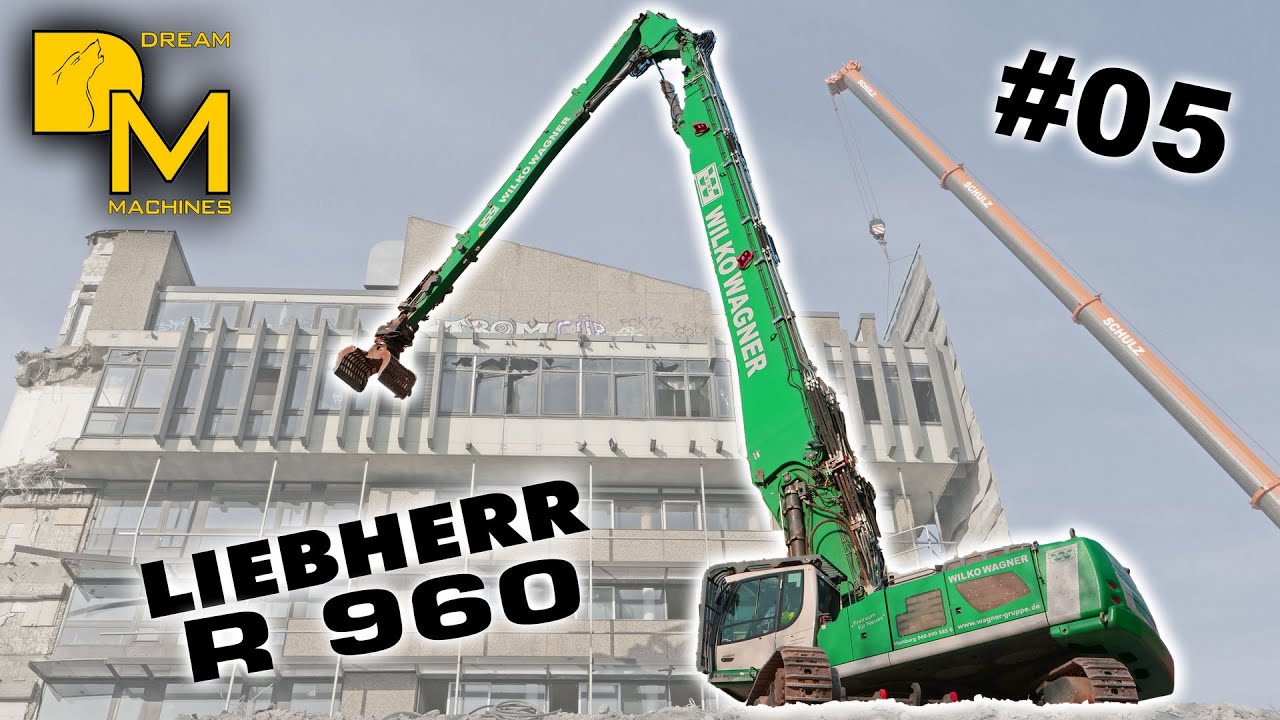 up in the air! 🚧⚠️🏗️ ⚒️ Giant EXCAVATOR LIEBHERR R960 🟩  tearing down large office building [05]
