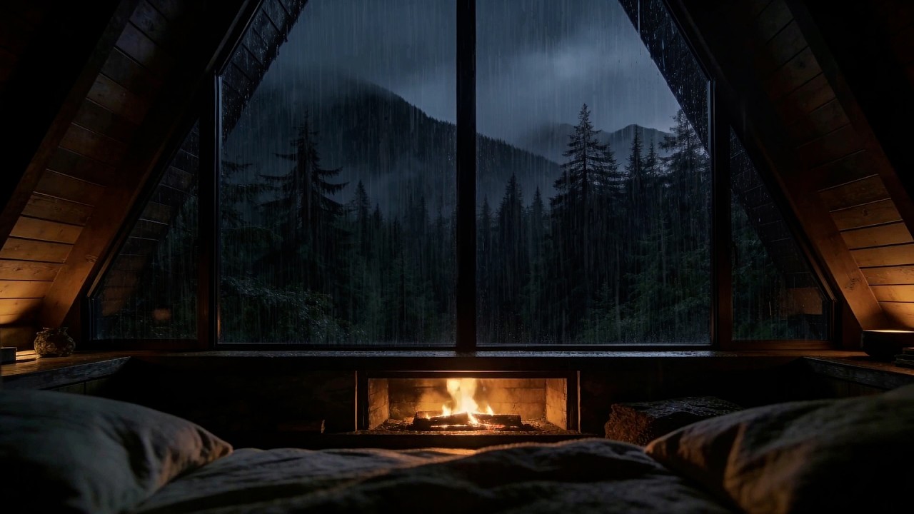 Rainy Mountain Cabin Window 🌧️🔥 Rain ASMR for Deep Sleep | Cozy Fireplace Bedroom Ambience|No Ads