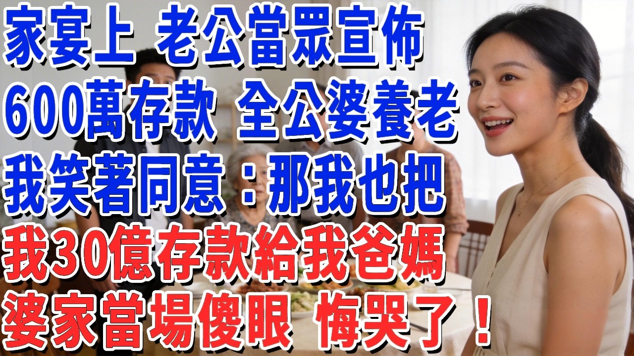 家宴上 老公當眾宣佈，600萬存款 全給公婆養老，我笑著同意：那我也把我30億存款給我爸媽，婆家當場傻眼 悔哭了！#妮妮故事會 #情感故事 #老年生活