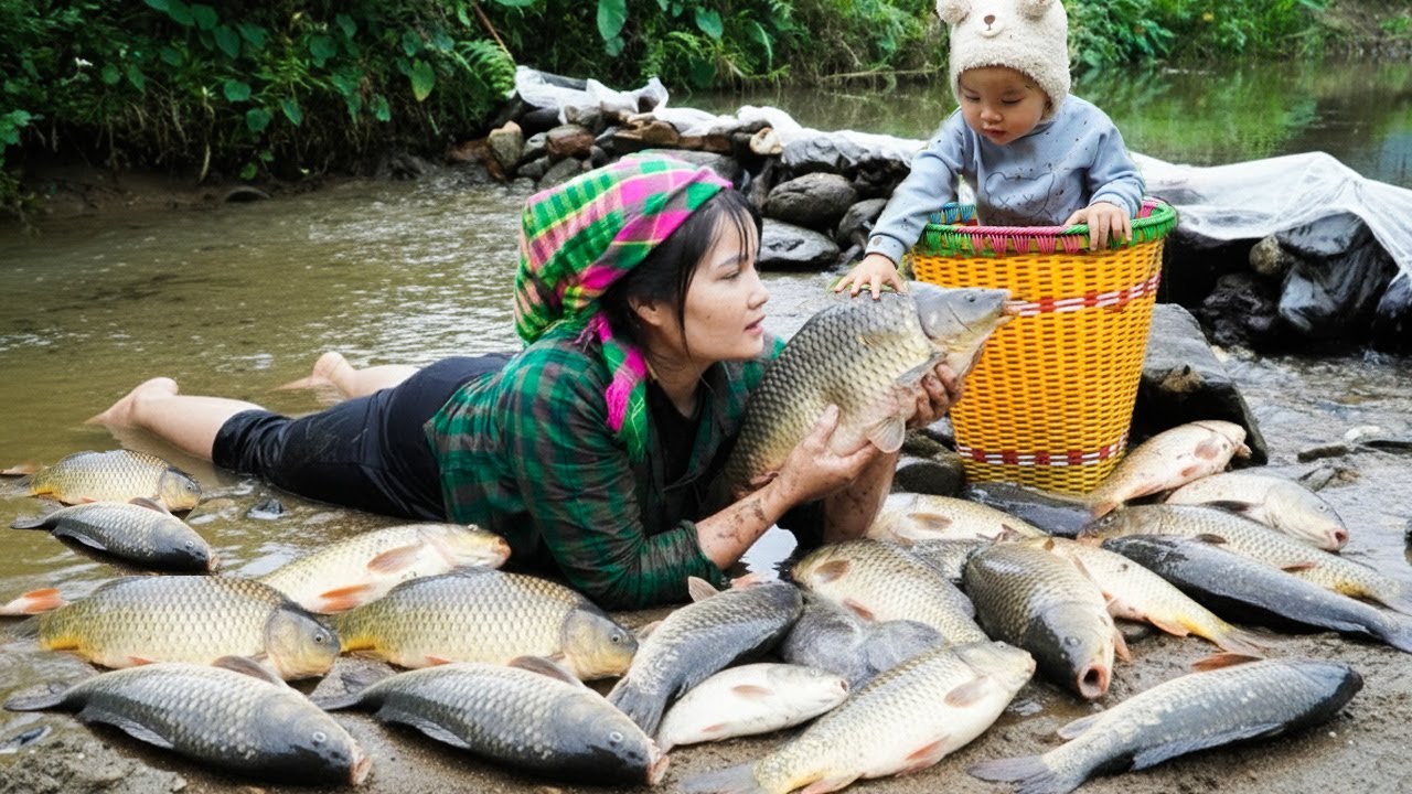 How to trap and catch giant fish to sell at the market  Farm life  SURVIVING ALONE