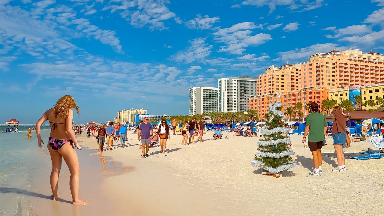 Clearwater Beach Florida Merry Christmas 4K Beach Walking Tour Live Cam