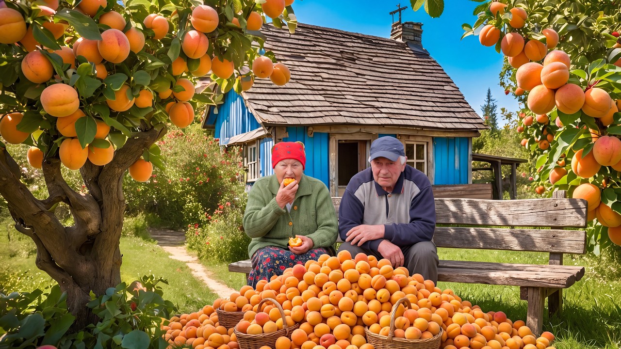 Happy old age of an elderly couple far from civilization. Apricot season