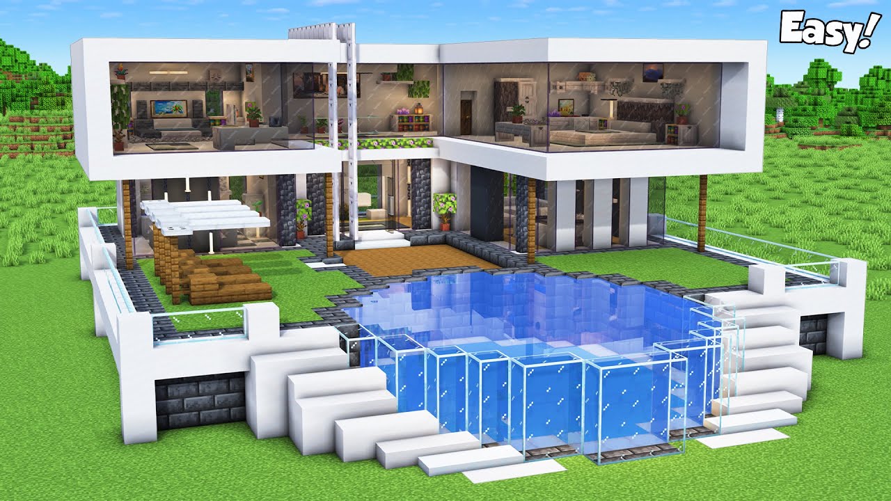 Minecraft: How to Build a Modern House Tutorial (Easy to Follow) #89 - Interior in Description!