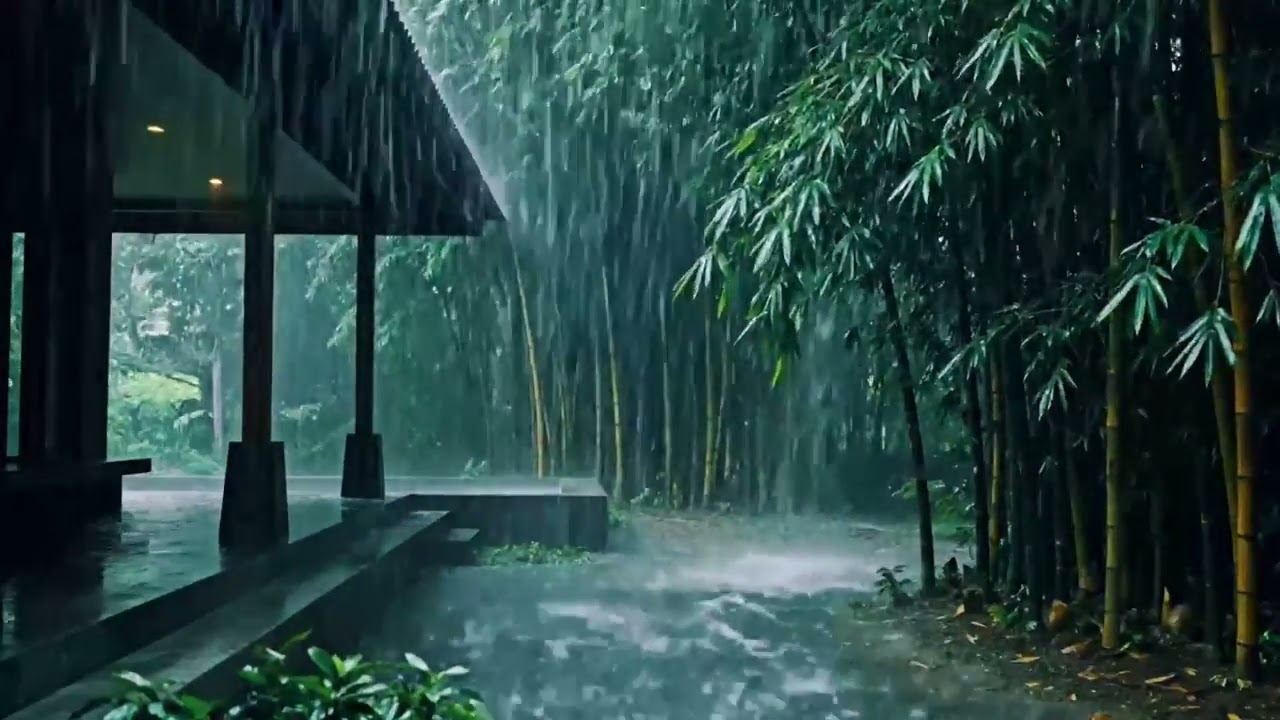 Heavy Rain ASMR by the Home Terrace with Green Bamboo Trees for Deep Calm Sleep Relaxation Night 006