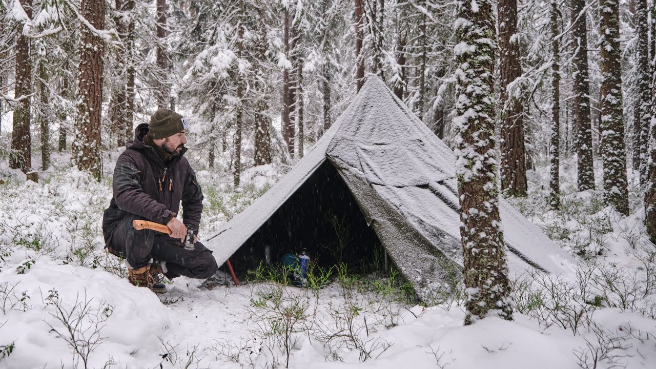 Winter Solo Overnight During Snowfall  with Polish Lavvu Hot Tent | Bushcraft and Camp Cooking