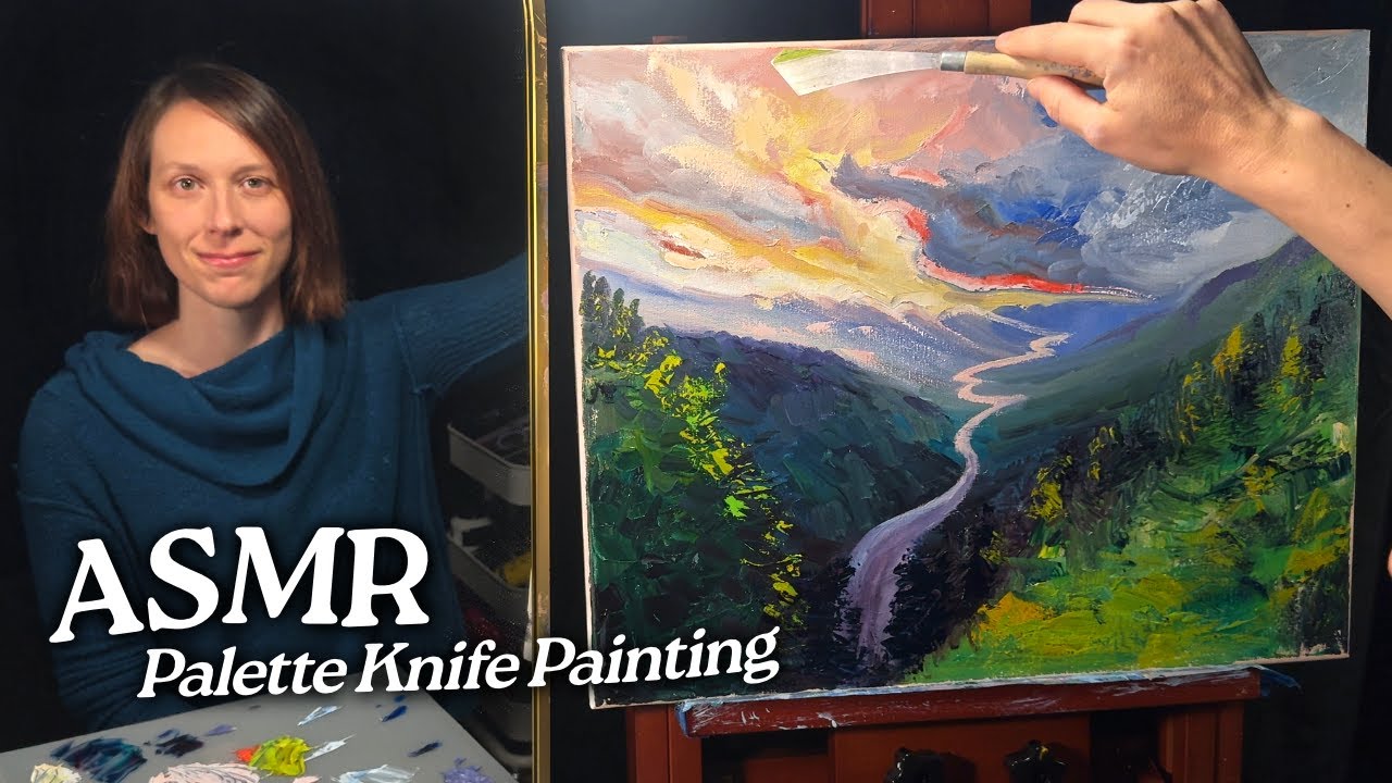 ASMR Palette Knife Painting: Magical River Valley (Soft Spoken, 1.5 Hours)