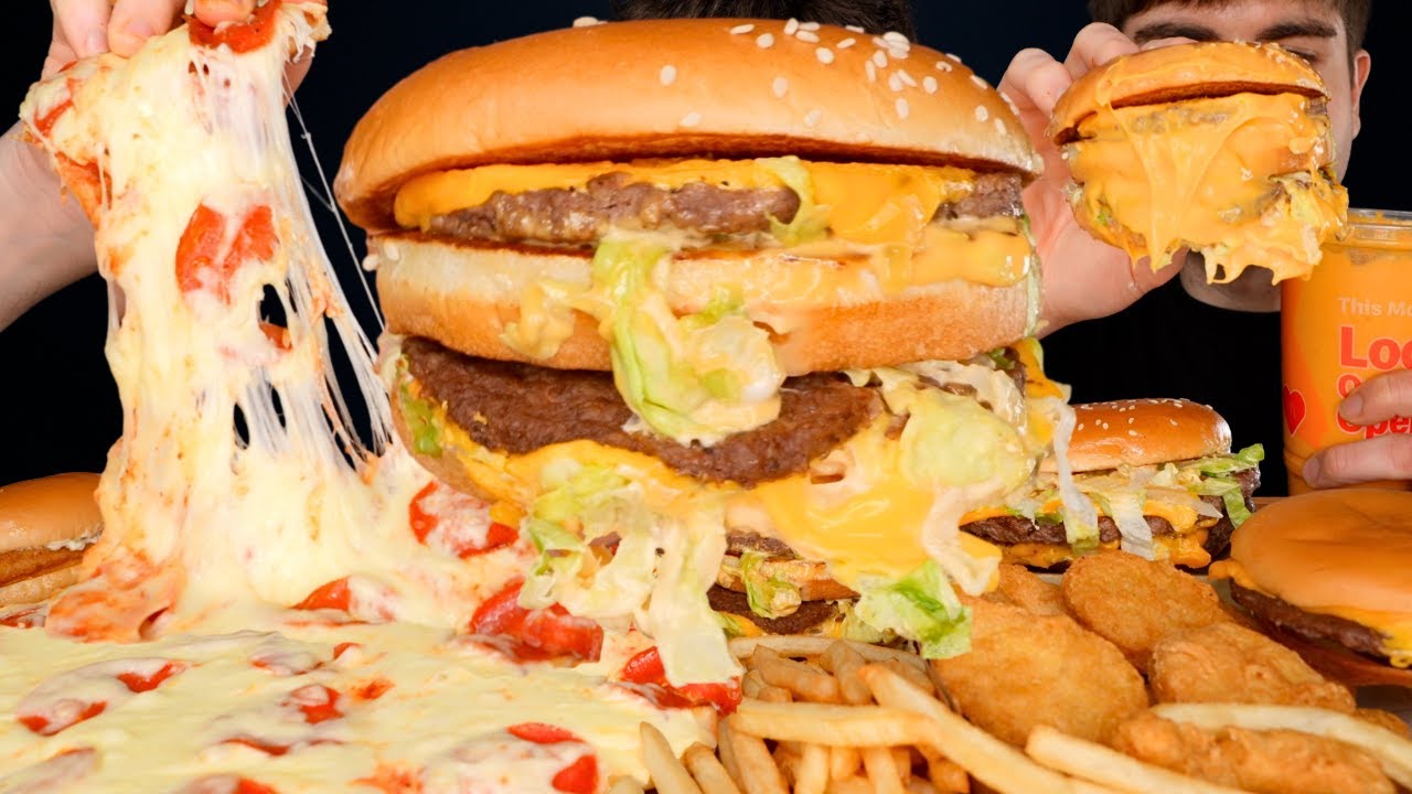 ASMR MUKBANG EXTRA MCDONALDS BIG MAC BURGERS EXTRA CHEESE PIZZA CHICKEN & FRIES | WITH CHEESE CUP
