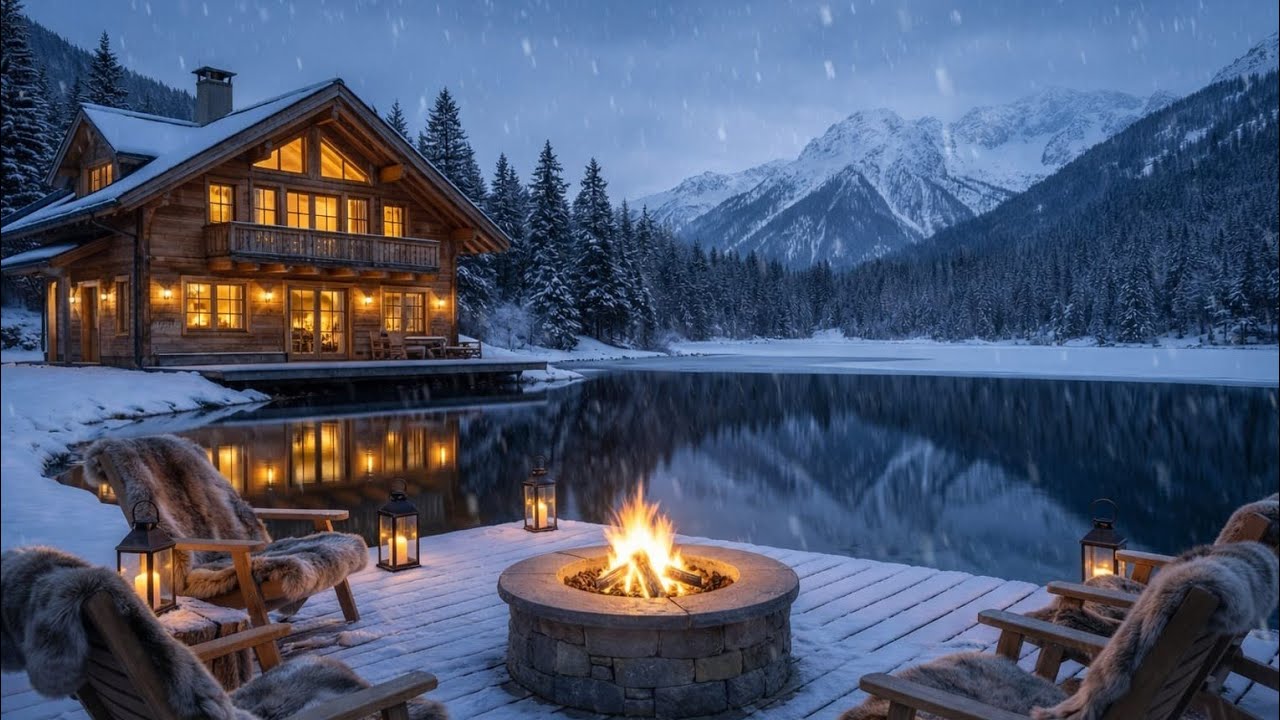 Cozy Winter Jazz | Lake Cabin with Crackling Fireplace for Deep Sleep,Relax & Focus