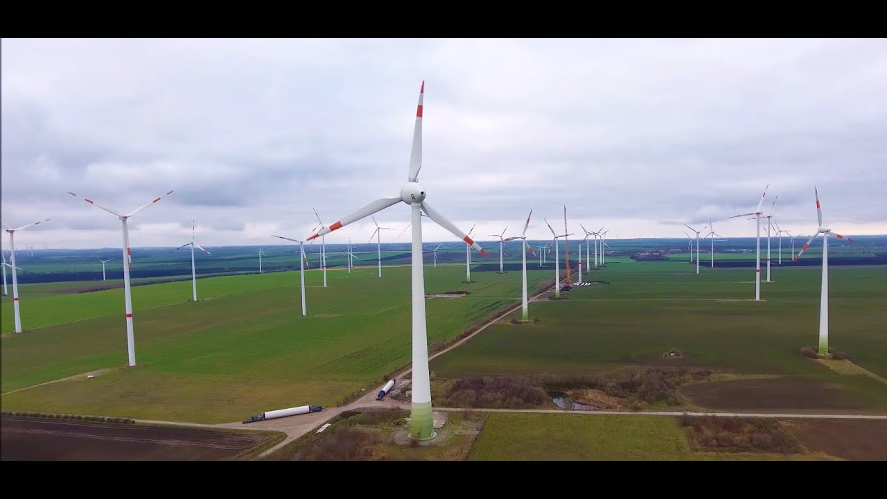 Egeln wind farm from the air with Enercon E -112, Vestas, GE, Fuhrländer wind turbines